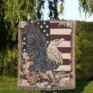 American Eagle Tapestry Blanket A Patriotic Jacquard Woven Throw With US Flag And Bald Eagle
